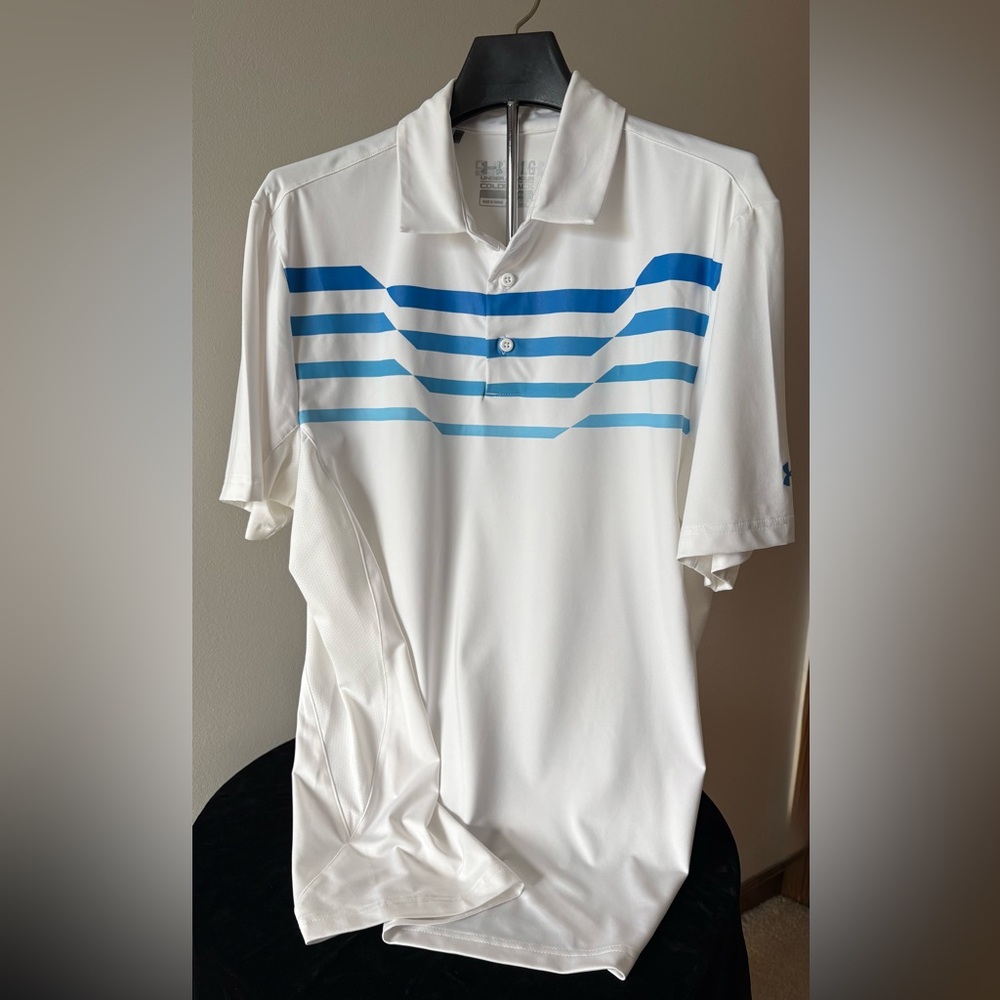 Under Armour Men’s White Polo Activewear w Blue Stripes L; Comfy Mesh Inserts.